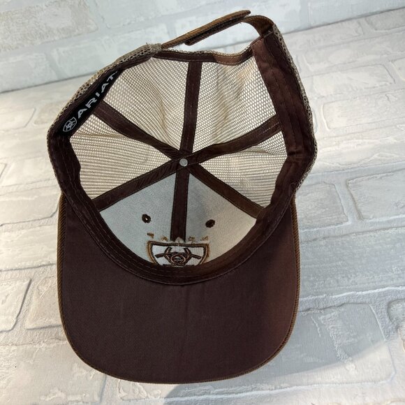 Ariat Hat Embroidered Logo Brown Mesh Back Strapback Adjustable Cowboy Western - Picture 7 of 9